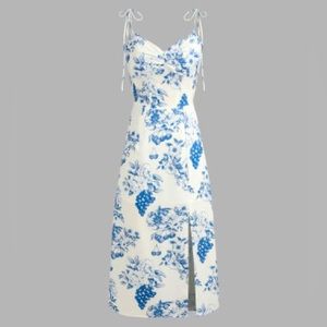 Cider Floral Tie Shoulder Slit Midi Dress Size Small White/Blue